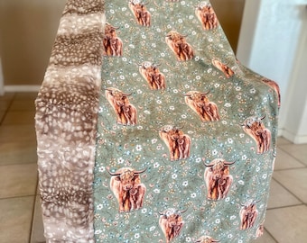 Sage Green Botanical Highland Cow Blanket // Highlander Blanket, Baby Girl Nursery, Gift for Mom, Neutral Baby Girl, Sage Nursery, Minky