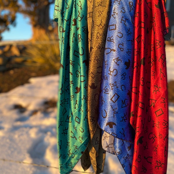 Cattle Brands Silk Charmeuse Satin Wild Rag // Wildrag, Branded Scarf, Cowboy Gift, Cowgirl Wild Rag, Cattle Brand, Cowboy Stocking Stuffer