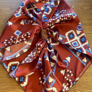 The Aztec Silky Charmeuse Wild Rag // Red Aztec Wild Rag, Blue Aztec Wild Rag, Boho Wild Rag, Brown Blue Wild Rag, Cowboy Fashion, Western image 6