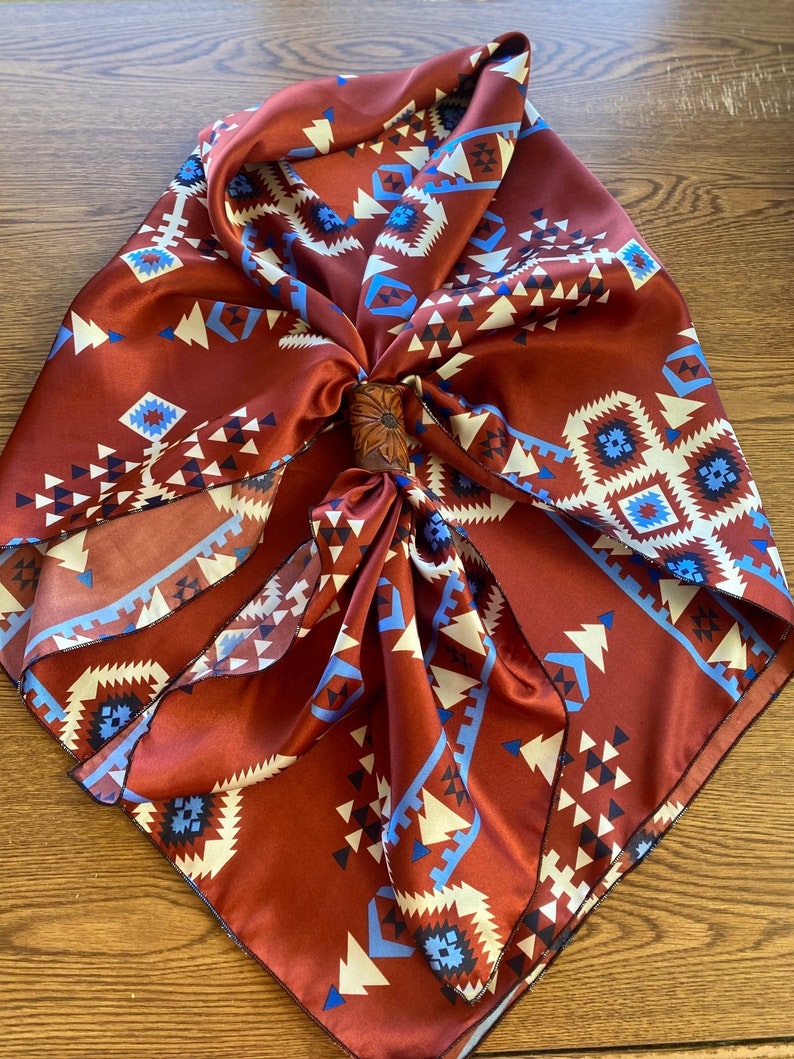 The Aztec Silky Charmeuse Wild Rag // Red Aztec Wild Rag, Blue Aztec Wild Rag, Boho Wild Rag, Brown Blue Wild Rag, Cowboy Fashion, Western image 6