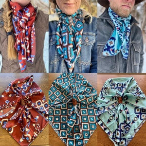 The Aztec Silky Charmeuse Wild Rag // Red Aztec Wild Rag, Blue Aztec Wild Rag, Boho Wild Rag, Brown Blue Wild Rag, Cowboy Fashion, Western image 1