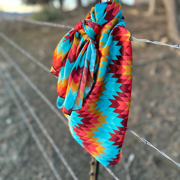 Turquoise & Burnt Orange Aztec Silky Charmeuse Wild Rag // Aztec Wildrag, Boho Wild Rag, Funky Wild Rag, Vintage Cowboy Gift, Cowboy Gift