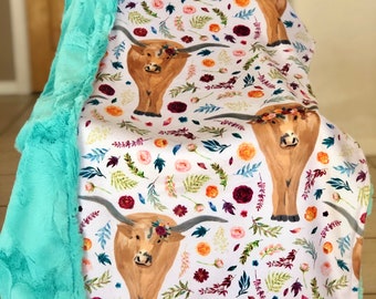 Colorful Floral Longhorn Cow Blanket