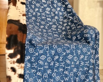 Cream Cattle Brands on Dark Slate Velvet Minky Blanket