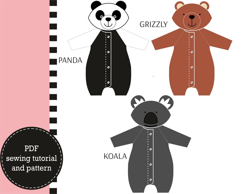 doll making. Digital tutorial PDF Sewing Pattern download Bears : Koala Panda Grizzly Outfit for mouse toy kigurumi pajamas