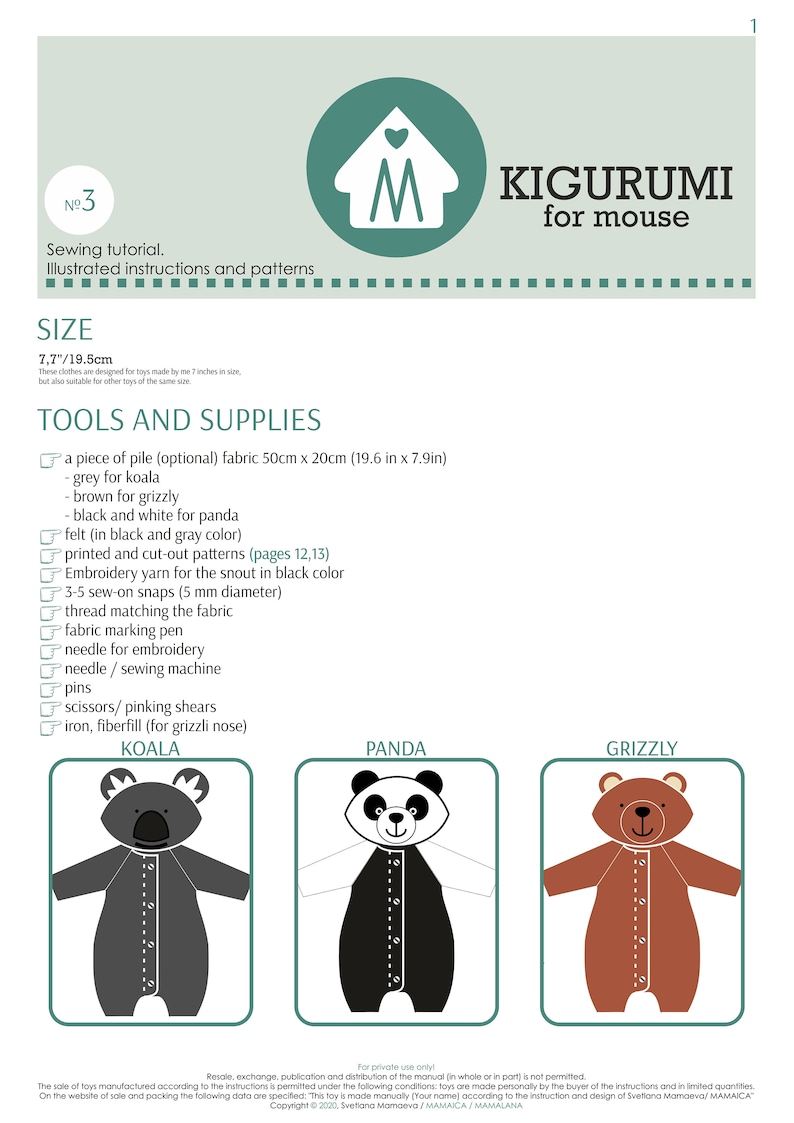 doll making. Digital tutorial PDF Sewing Pattern download Bears : Koala Panda Grizzly Outfit for mouse toy kigurumi pajamas