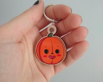 Cute Pumpkin Keyring •  38.5mm Wooden Keyring •  Halloween • Spooky