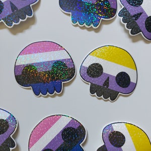 Non-Binary • Genderfluid Pride Sticker • Skull Sticker • Holographic