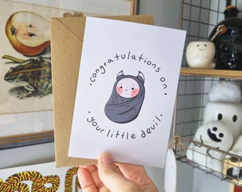 Little Devil Baby Card • Goth Congratulations Greeting • Recycled Paper