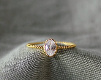 Solitary Golden Ring, White Zirconia Ring, Golden Ring for Her, 18k Gold Plated Ring, White Gemstone Ring, Classic Golden Ring, Gift for Her