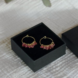 Pink Tourmaline Earrings, Golden Hoops, WEDDING GIFT, Tourmaline Jewelry, Gemstone Hoops, Pink Gemstone Jewelry, Boho Earrings, Brass Hoops image 2