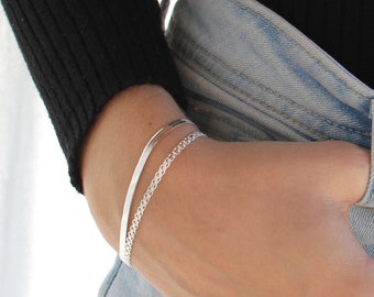 SNAKE BRACELET, Flat Silver Chain, Omega Chain, Sterling Silver Bracelet, Flexible Bracelet, Adjustable Bracelet, Gift for Her, Simple Chain