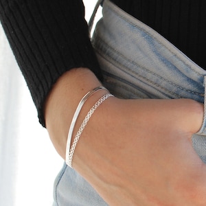 SNAKE BRACELET, Flat Silver Chain, Omega Chain, Sterling Silver Bracelet, Flexible Bracelet, Adjustable Bracelet, Gift for Her, Simple Chain image 1