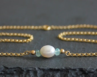 PEARL & AQUAMARINE CHOKER, Pearl Necklace, Gold Filled Necklace, Wedding gift, Necklace for Bride, Bridesmaid Necklace, Rolo Chain Choker