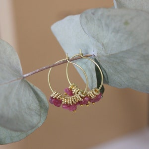 Pink Tourmaline Earrings, Golden Hoops, WEDDING GIFT, Tourmaline Jewelry, Gemstone Hoops, Pink Gemstone Jewelry, Boho Earrings, Brass Hoops image 1