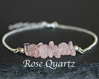 ROSE QUARTZ Bracelet, ADJUSTABLE bracelet, Healing raw beads, Jewelry Gift for Women, Dainty Gemstone Bracelet, Silver dainty bracelet