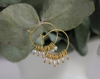 Pearl Earrings, Pearl Beaded Hoops, Brass Jewelry, Tiny Pearls Hoops, Bohemian Earrings, Golden Hoops, Earrings for Her, Golden Fine Hoops