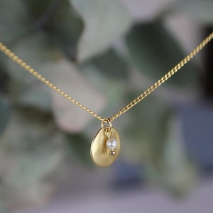 Rounded Charm Necklace, Tiny Pearl Necklace, Brass Jewelry, Matte Golden Necklace, Necklace for Her, Bohemian Jewelry, Simple Charm Necklace image 1