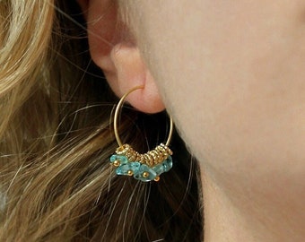 Apatite Earrings, Brass Hoops, Earrings for Her, Colorful Earrings, Gemstone Hoops, Blue Gemstone Jewelry, Brass Jewelry, Bohemian Hoops