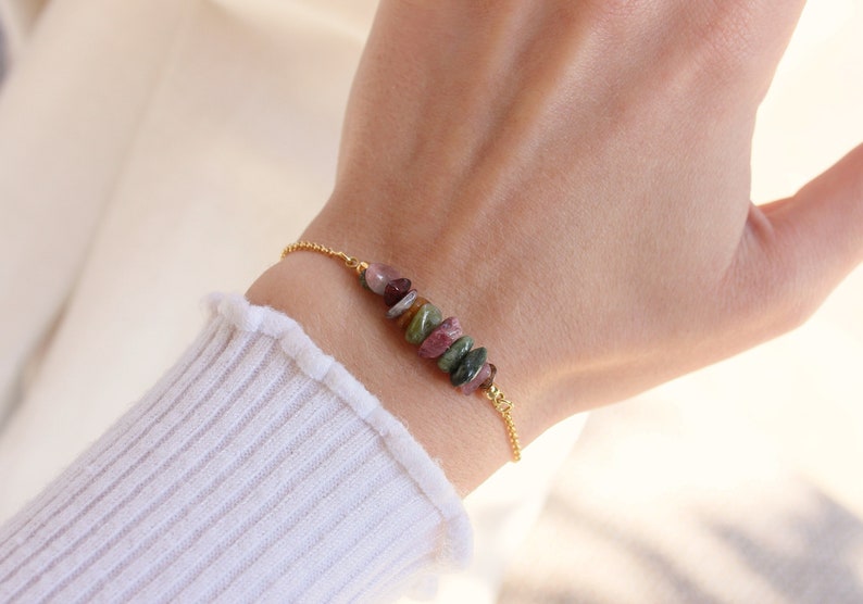 Tourmaline Bracelet, Tourmaline Chips Bracelet in Gold, Gold Plated Bracelet, Colorful Gemstone Beads Bracelet image 2