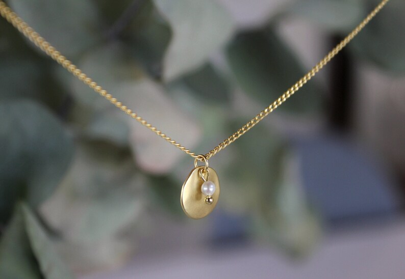 Rounded Charm Necklace, Tiny Pearl Necklace, Brass Jewelry, Matte Golden Necklace, Necklace for Her, Bohemian Jewelry, Simple Charm Necklace image 1