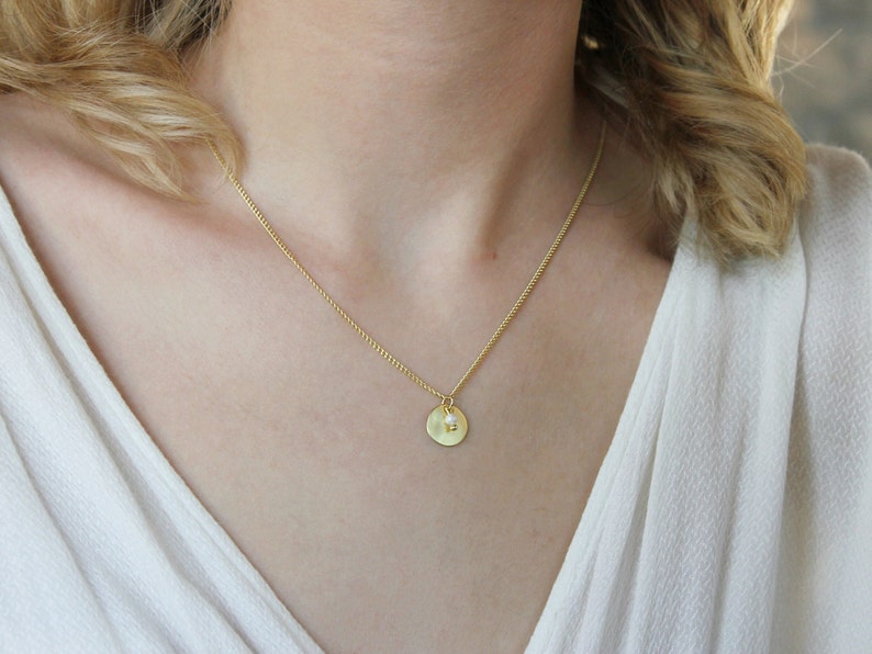 Rounded Charm Necklace, Tiny Pearl Necklace, Brass Jewelry, Matte Golden Necklace, Necklace for Her, Bohemian Jewelry, Simple Charm Necklace image 4