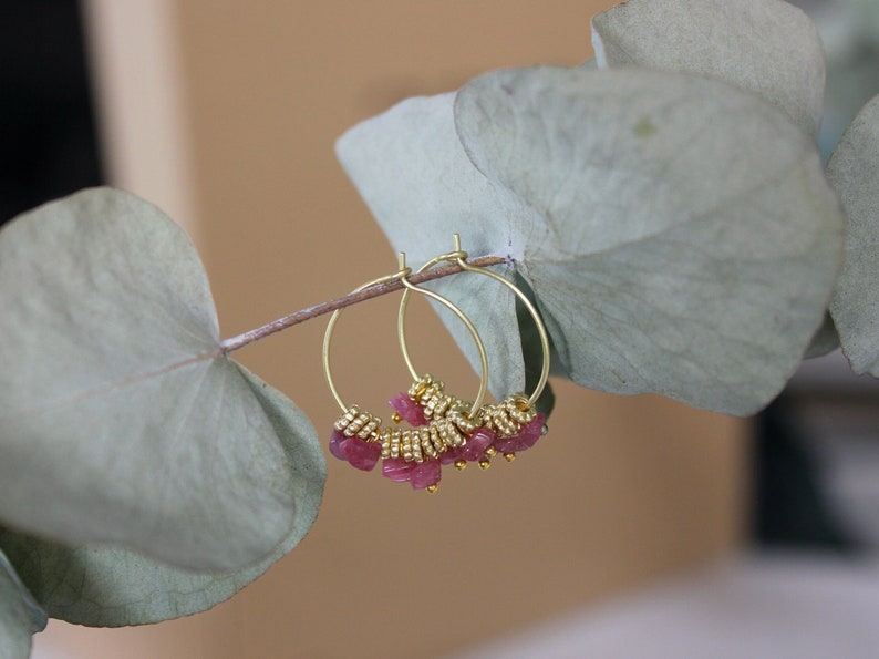 Pink Tourmaline Earrings, Golden Hoops, WEDDING GIFT, Tourmaline Jewelry, Gemstone Hoops, Pink Gemstone Jewelry, Boho Earrings, Brass Hoops image 1