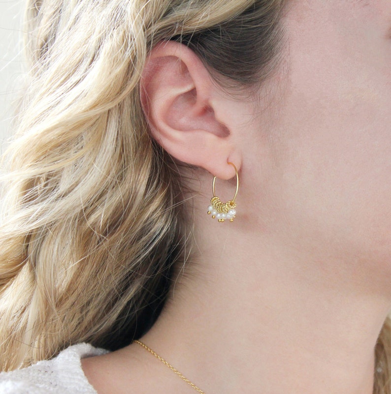 Pearl Earrings, Pearl Beaded Hoops, Brass Jewelry, Tiny Pearls Hoops, Bohemian Earrings, Golden Hoops, Earrings for Her, Golden Fine Hoops image 2