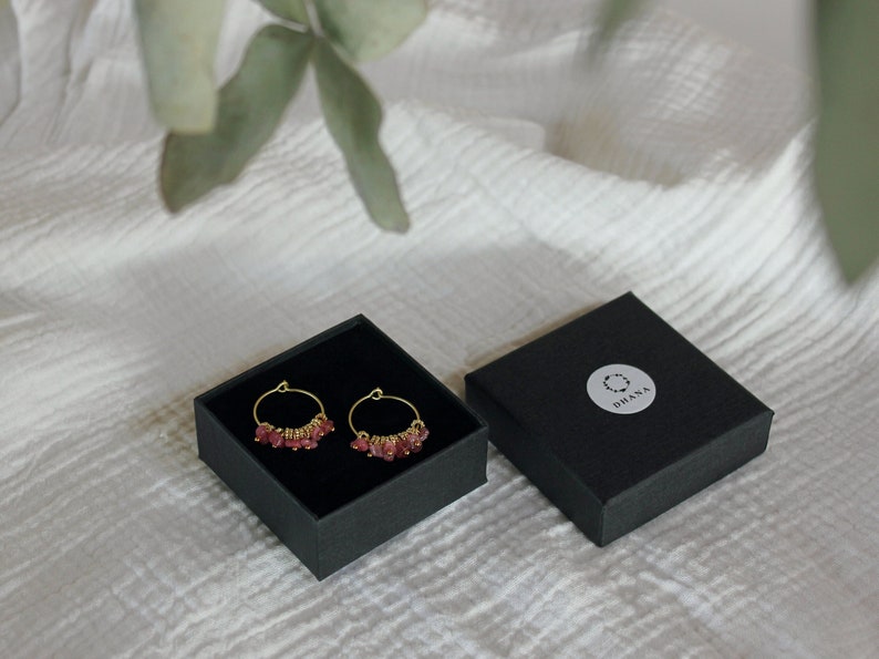 Pink Tourmaline Earrings, Golden Hoops, WEDDING GIFT, Tourmaline Jewelry, Gemstone Hoops, Pink Gemstone Jewelry, Boho Earrings, Brass Hoops image 2