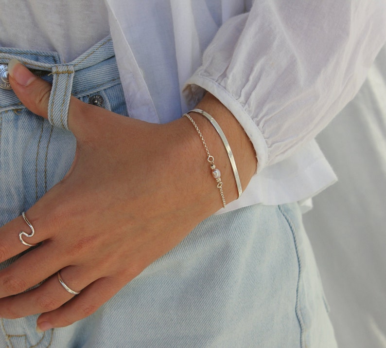 SNAKE BRACELET, Flat Silver Chain, Omega Chain, Sterling Silver Bracelet, Flexible Bracelet, Adjustable Bracelet, Gift for Her, Simple Chain image 4