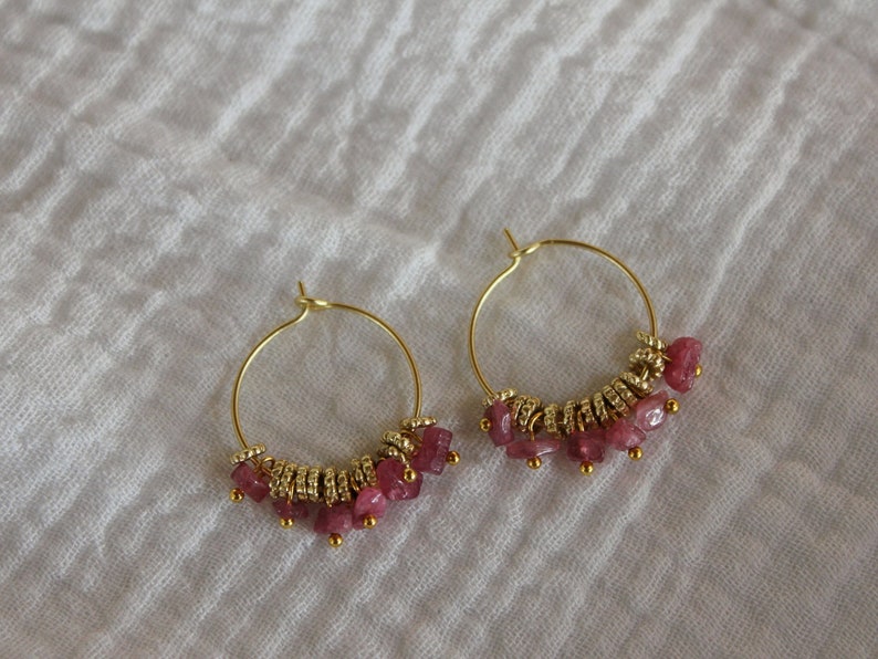 Pink Tourmaline Earrings, Golden Hoops, WEDDING GIFT, Tourmaline Jewelry, Gemstone Hoops, Pink Gemstone Jewelry, Boho Earrings, Brass Hoops image 3