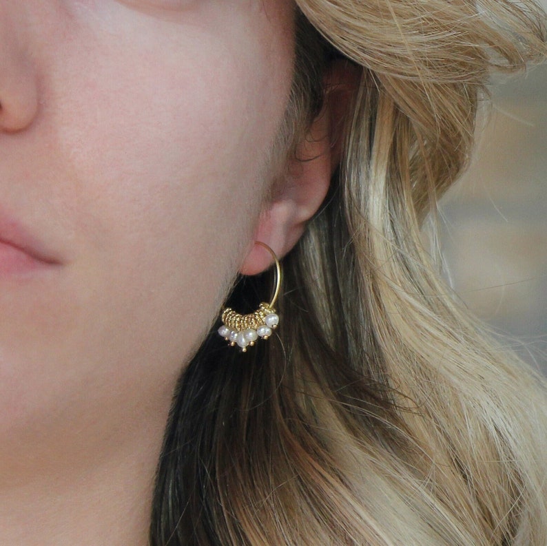 Pearl Earrings, Pearl Beaded Hoops, Brass Jewelry, Tiny Pearls Hoops, Bohemian Earrings, Golden Hoops, Earrings for Her, Golden Fine Hoops image 4