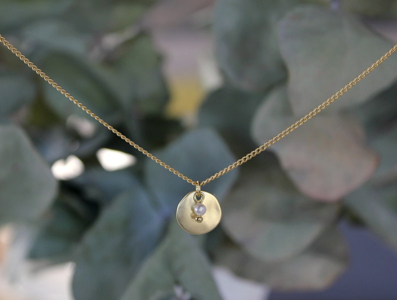 Rounded Charm Necklace, Tiny Pearl Necklace, Brass Jewelry, Matte Golden Necklace, Necklace for Her, Bohemian Jewelry, Simple Charm Necklace image 7