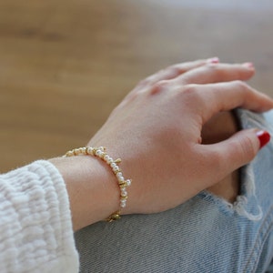 Natural Pearl Bracelet, Golden Bracelet, Gemstone Bracelet, Tiny Pearls Jewelry, Bracelet for Her, Brass Charms Bracelet, Valentine Bracelet