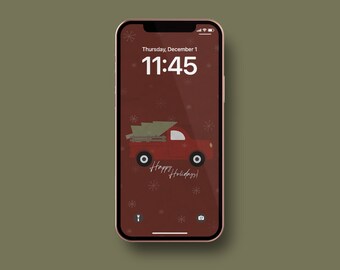 Felices Fiestas: Camión Rojo y Árbol de Navidad / Fondo de Pantalla Moderno para iPhone / Fondo de Pantalla de Bloqueo de Invierno / Estética Navideña / Descarga Instantánea