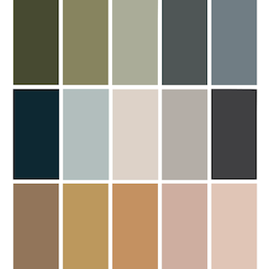 May include: A color palette with 18 different shades of brown, green, gray, and blue. The colors are arranged in a grid of 6 rows and 3 columns.