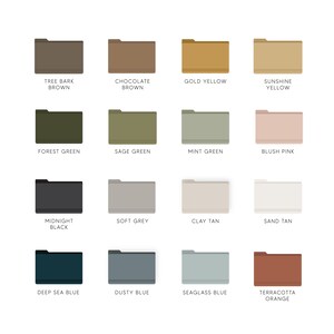 May include: A collection of 16 color swatches displayed as folder icons. The colors include tree bark brown, chocolate brown, gold yellow, sunshine yellow, forest green, sage green, mint green, blush pink, midnight black, soft grey, clay tan, sand tan, deep sea blue, dusty blue, seaglass blue, and terracotta orange.