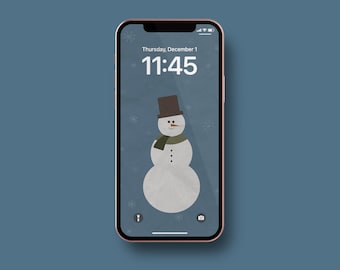 Lindo fondo de pantalla de muñeco de nieve de invierno para iPhone / Fondo de pantalla móvil moderno y escarchado / Pantalla de bloqueo navideña dibujada a mano / Fondo estético navideño acogedor