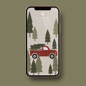 Weihnachten Roter LKW und Kiefer Baum iPhone Wallpaper | Urlaub Weihnachtsbaum Bauernhof Illustrierte iPhone Wallpaper | Winter Mobile Hintergrund