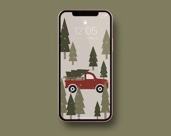 Truck and Tree Christmas iPhone Wallpaper | Holiday Illustrated iPhone Wallpaper | Winter Phone Background | Instant Download