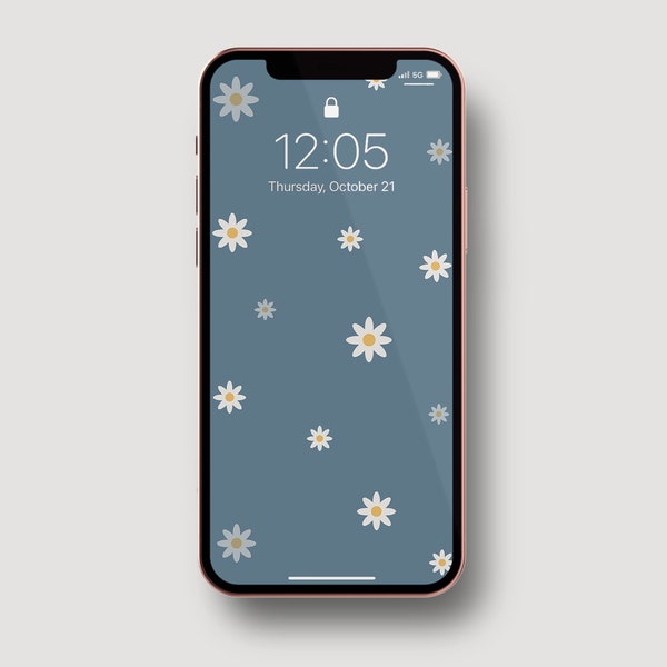 Blue Spring Daisy Flower iPhone Wallpaper, White Flowers, Modern Floral iPhone Background, Minimalist Flower Lock Screen, Instant Download