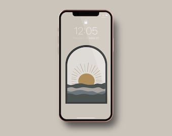 Fondo de pantalla de iPhone con amanecer en el océano / Fondo de pantalla de teléfono con atardecer en la playa simple / Pantalla de bloqueo móvil con océano ilustrado / Arte digital del amanecer en el mar