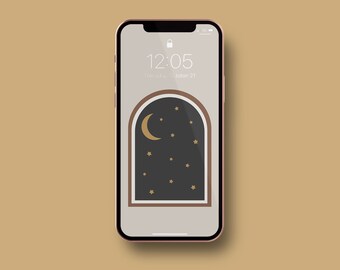 Fondo de pantalla para iPhone con vista de ventana de luna y estrellas / Fondo de pantalla para teléfono de buenas noches, luna / Arte ilustrado para pantalla de bloqueo móvil / Fondo digital