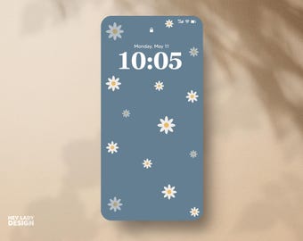 Fondo de pantalla floral para iPhone con margaritas azules de primavera / Fondo de pantalla móvil ilustrado moderno para amantes de las plantas / Pantalla de bloqueo floral / Descarga instantánea