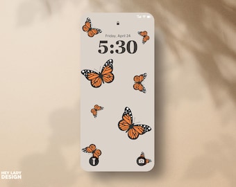 Fondo de pantalla de mariposa monarca para iPhone / Fondo de mariposas naranjas para móvil / Pantalla de bloqueo de iPhone con ilustraciones modernas / Descarga instantánea