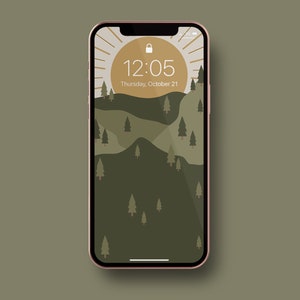 Puede incluir: La pantalla de un teléfono que muestra un reloj digital con la hora 12:05 y la fecha jueves 21 de octubre. El fondo es una ilustración estilizada de un paisaje montañoso verde con un sol amarillo.