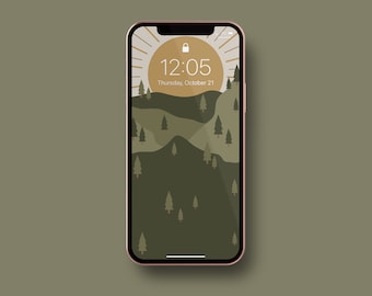 Fondo de pantalla para iPhone: Amanecer en la montaña verde / Prado ilustrado moderno / Fondo para iPhone / Pantalla de bloqueo minimalista para iPhone / Descarga instantánea
