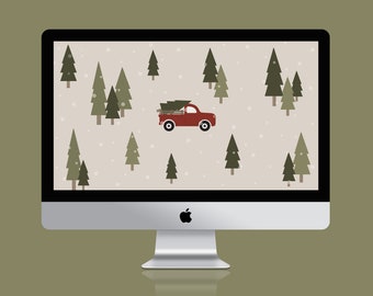 Truck + Tree Christmas Desktop Wallpaper / Protector de pantalla moderno / Fondo de pantalla de computadora de vacaciones / Fondo de computadora portátil de invierno / Descarga instantánea