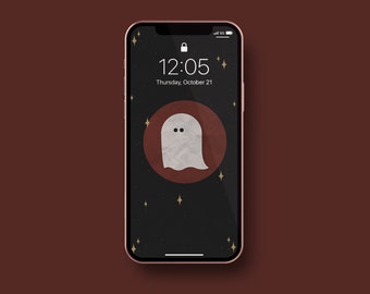 Lindo fondo de pantalla de Halloween para iPhone / Fondo de iPhone con fantasmas festivos ilustrados / Pantalla de bloqueo del teléfono de otoño con temática bohemia y espeluznante / Descarga instantánea