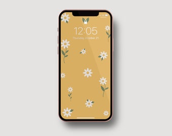 Yellow Spring Daisy Flower iPhone Wallpaper, White Flowers, Modern Floral iPhone Background, Minimalist Flower Lock Screen, Instant Download